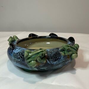 Vintage Majolica Pottery Ceramic Frog & Tadpole BLUE drip Planter/Bowl